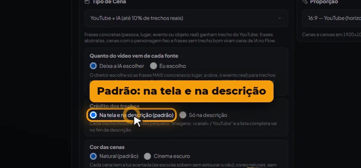 Opção do crédito: na tela e na descrição, ou só na descrição