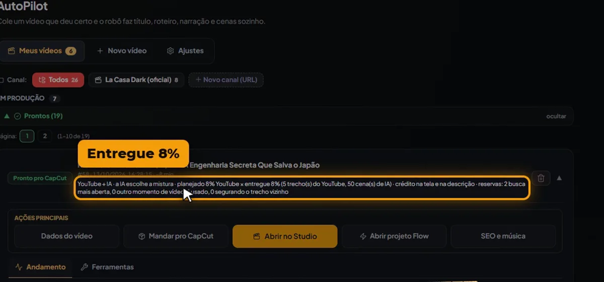 Job pronto mostrando planejado e entregue: 8% de trechos do YouTube