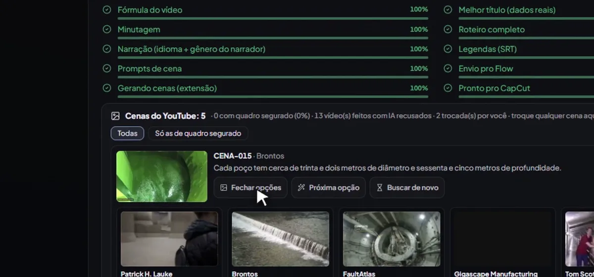 Lista Cenas do YouTube com o botão Trocar esta cena