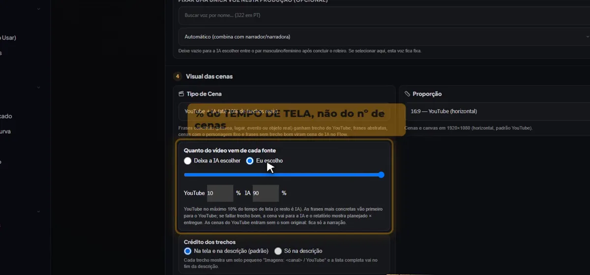 Modo YouTube + IA: barra Eu escolho, de 0 a 10%
